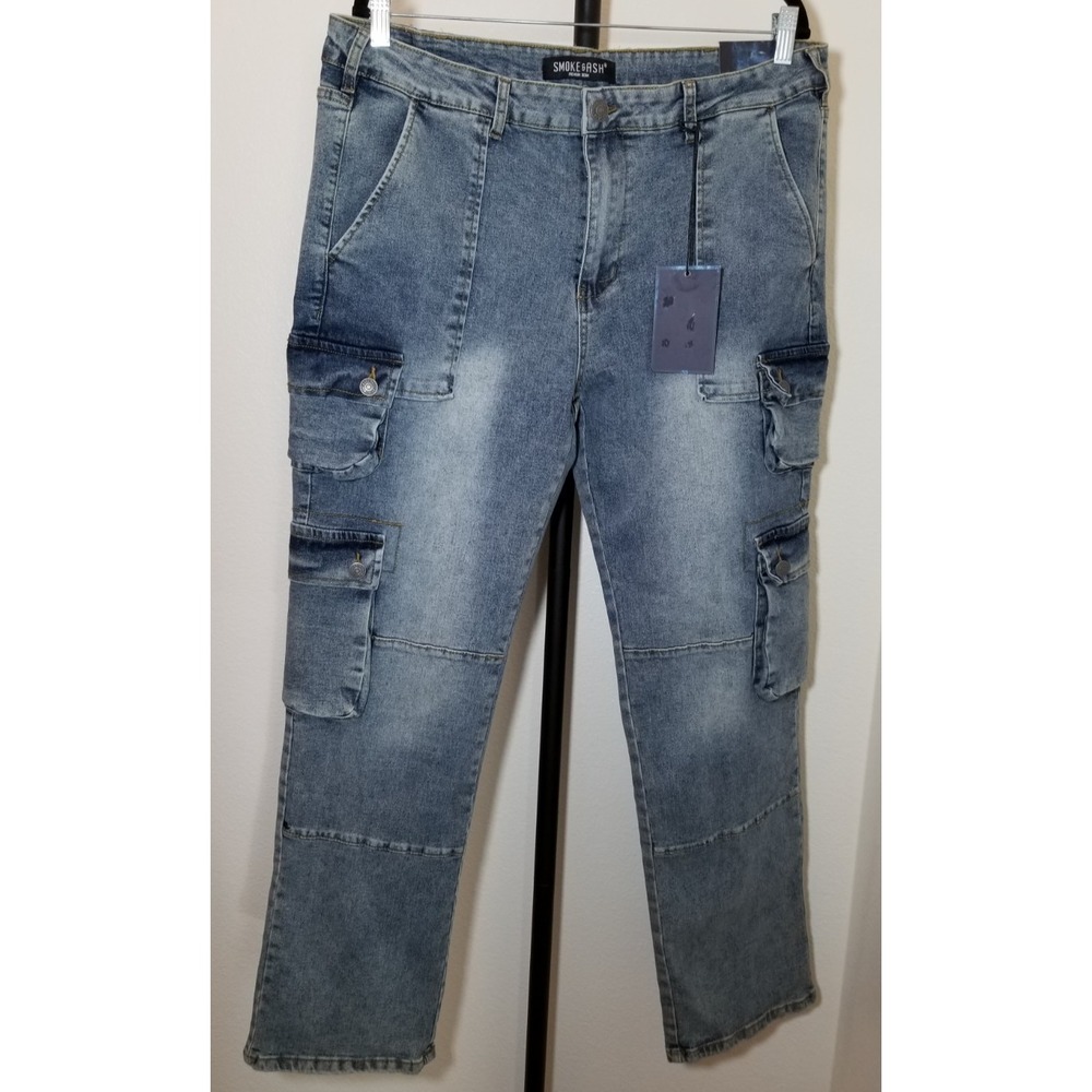 Smoke & Ash Premium Denim Mens 38x32 Cargo Jeans Grunge Retro Street Biker NWT